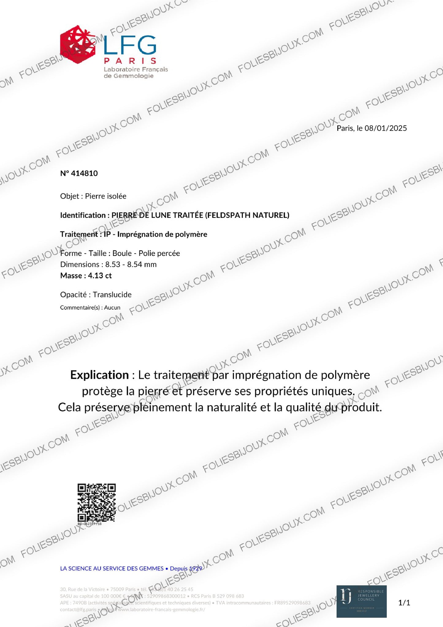 Certificat d'authenticité Pierre de lune bleutée - Foliesbijoux