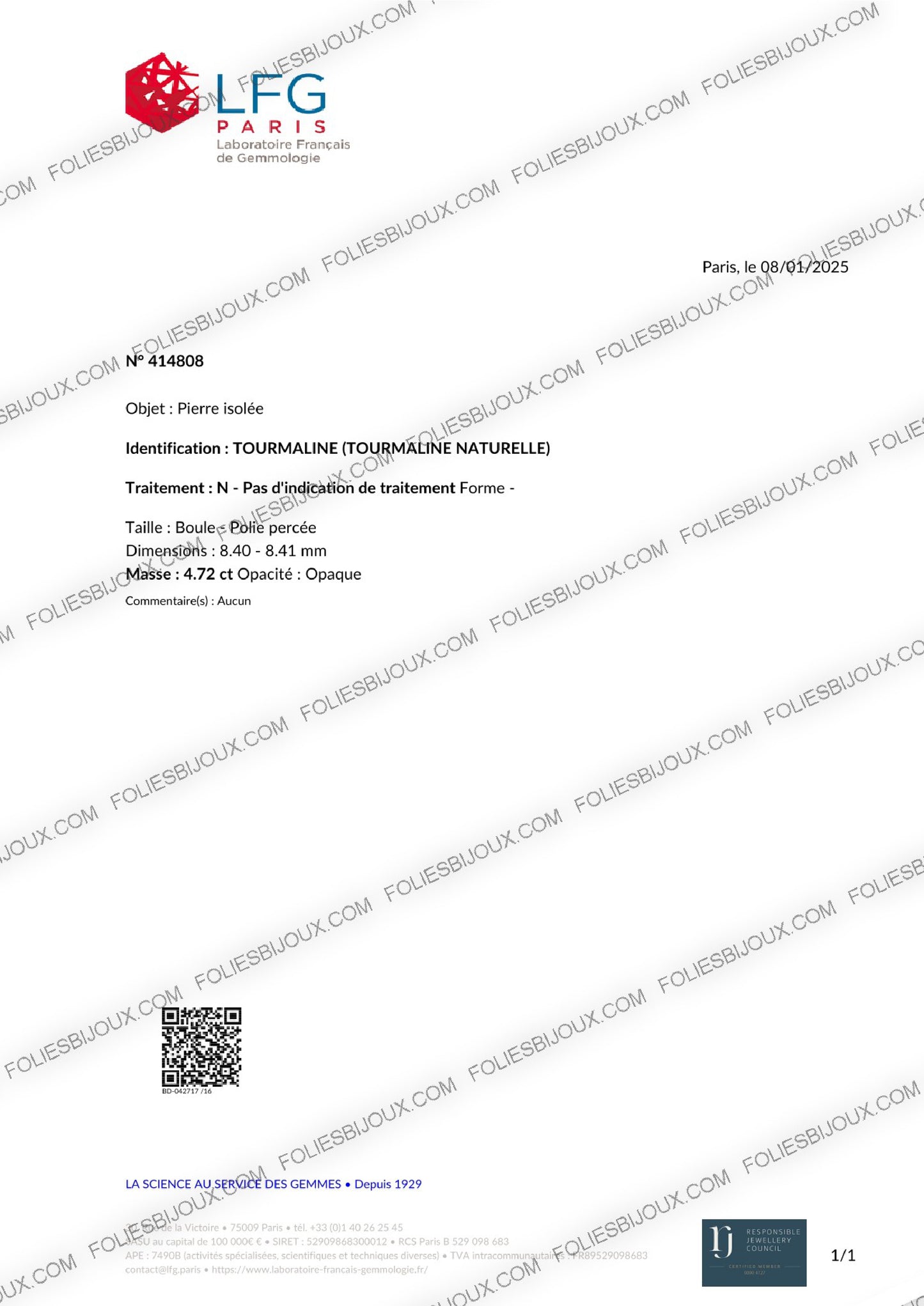 Certificat d'authenticité Tourmaline - Foliesbijoux