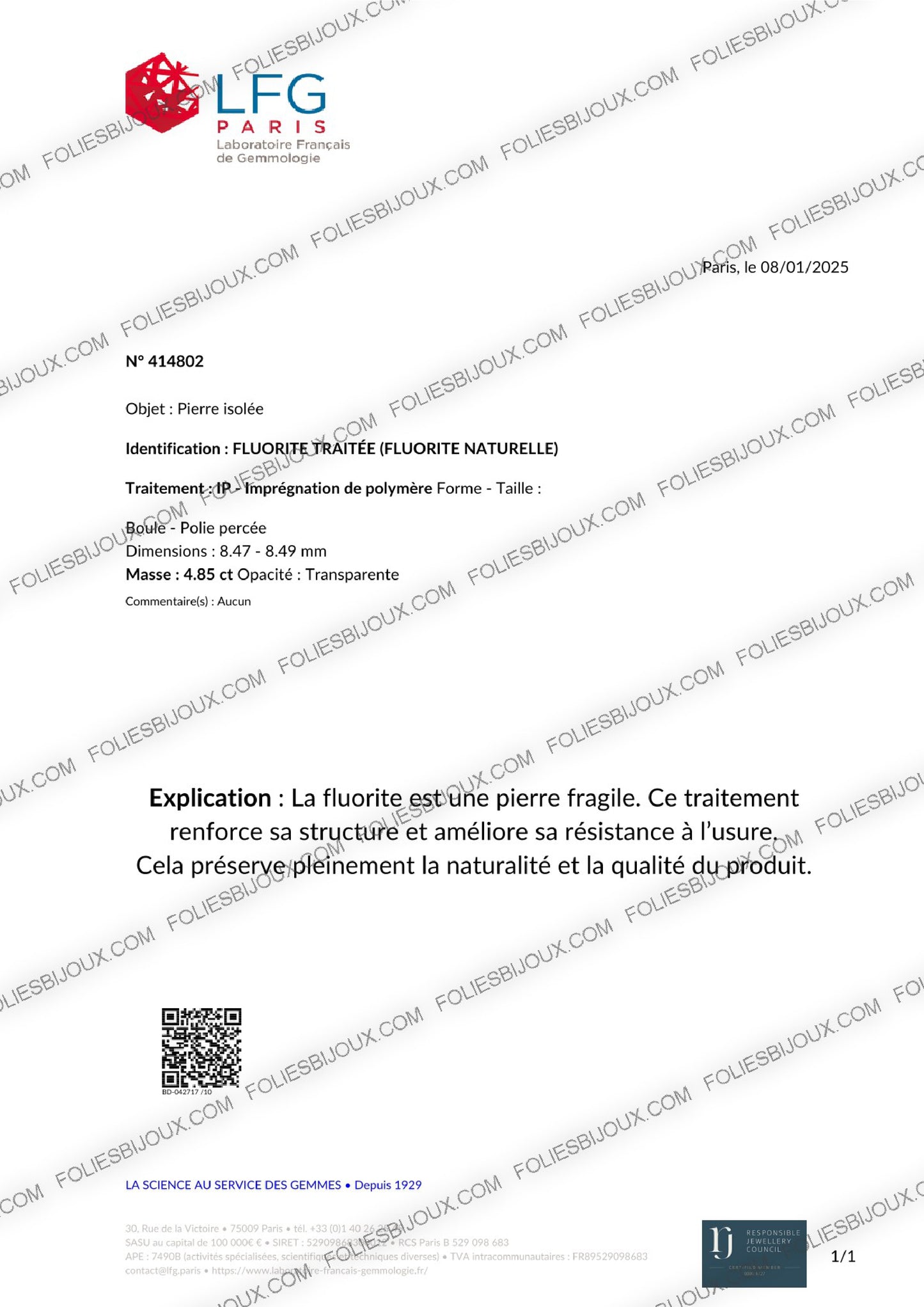 Certificat d'authenticité Fluorite/Fluorine - Foliesbijoux