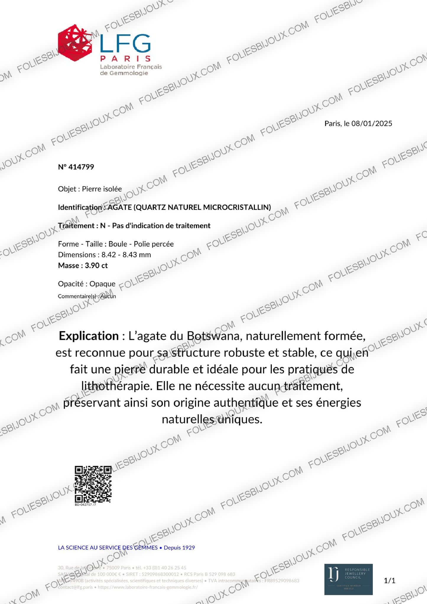 Certificat d'authenticité Agate botswana - Foliesbijoux