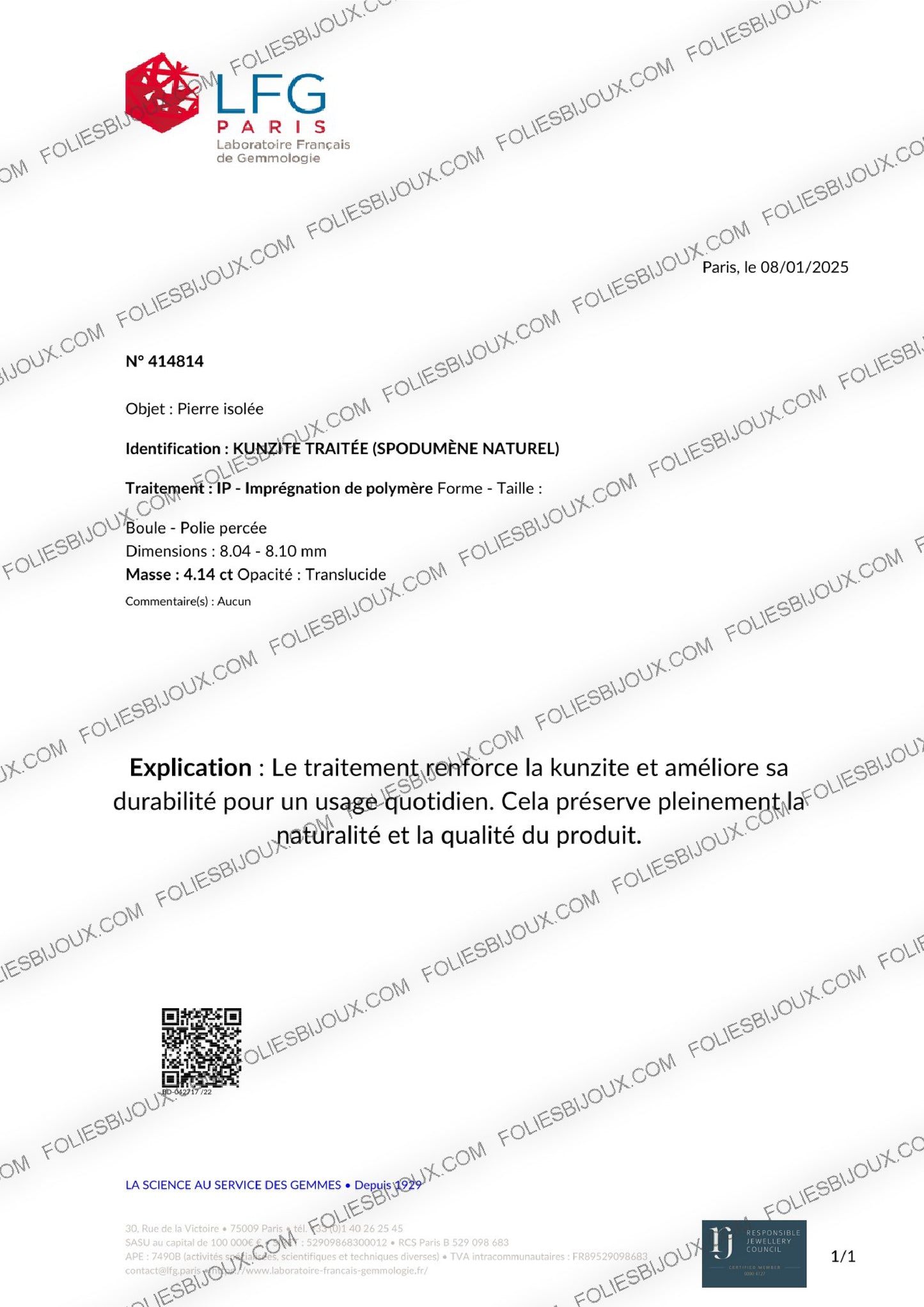 Certificat d'authenticité Kunzite - Foliesbijoux