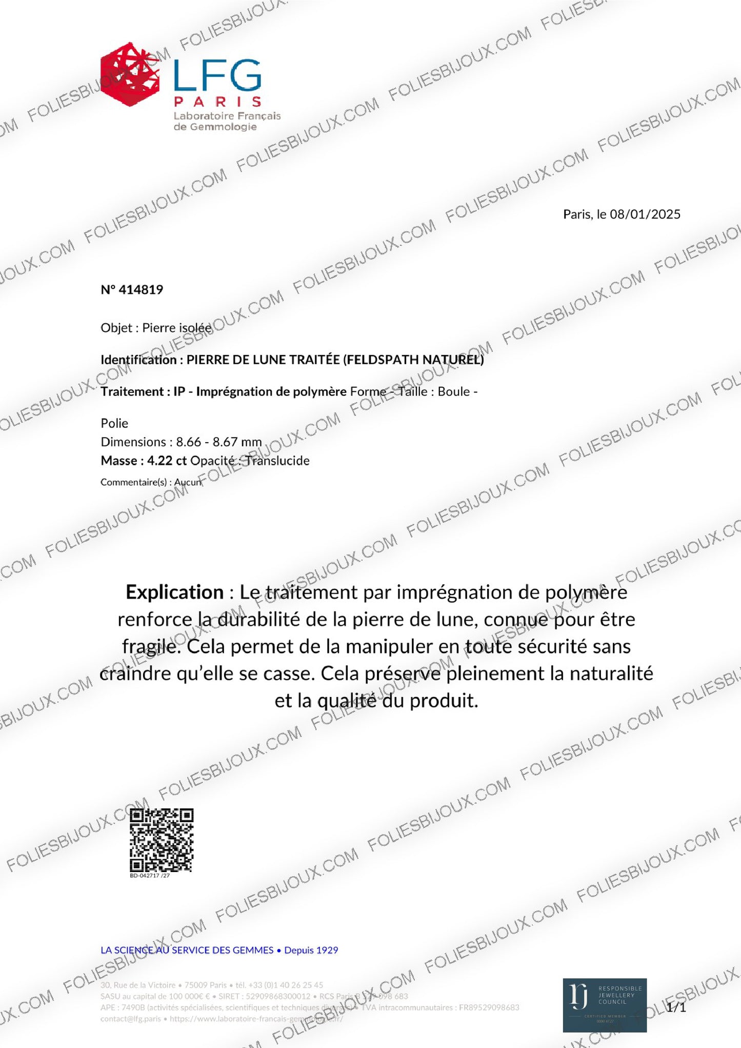 Certificat d'authenticité Pierre de lune blanche - Foliesbijoux