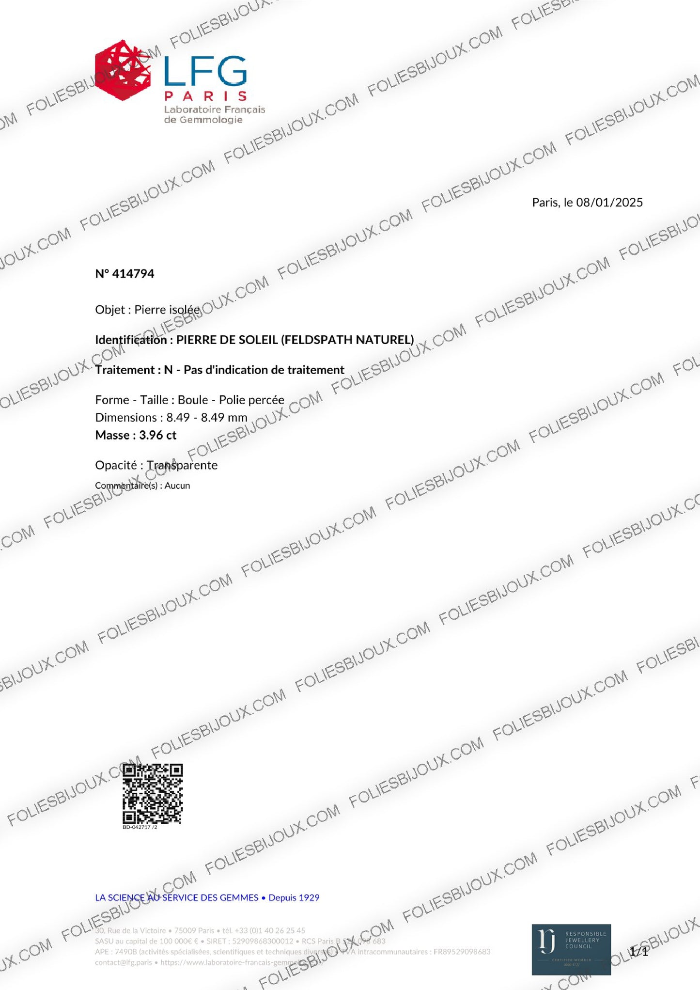 Certificat d'authenticité Pierre de soleil - Foliesbijoux