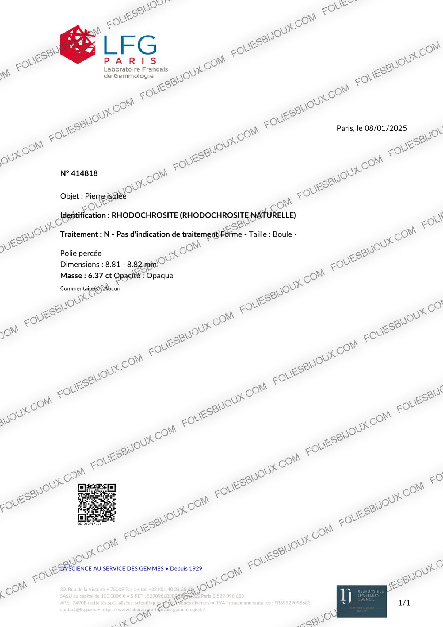 Certificat d'authenticité Rhodocrosite - Foliesbijoux