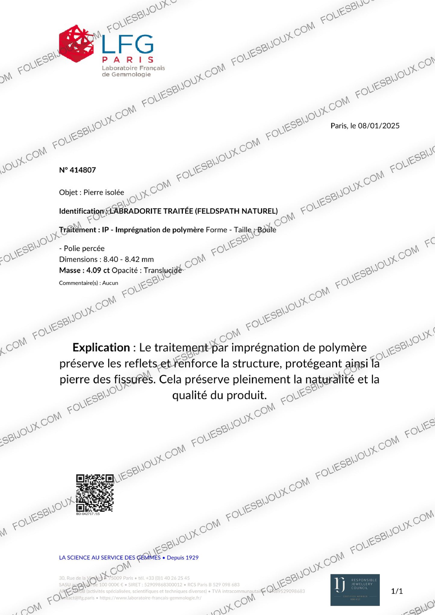 Certificat d'authenticité Labradorite - Foliesbijoux