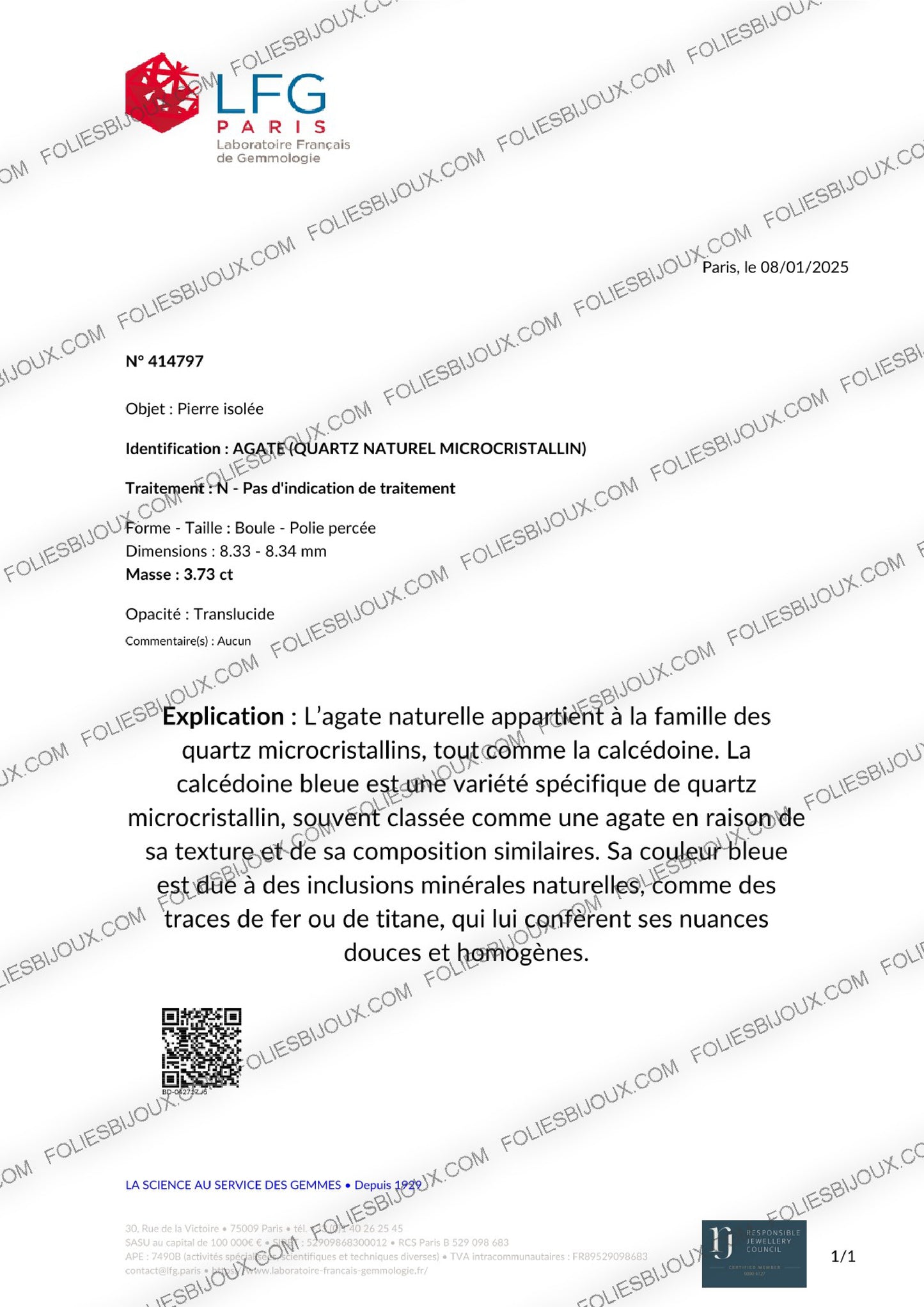 Certificat d'authenticité Agate - Foliesbijoux