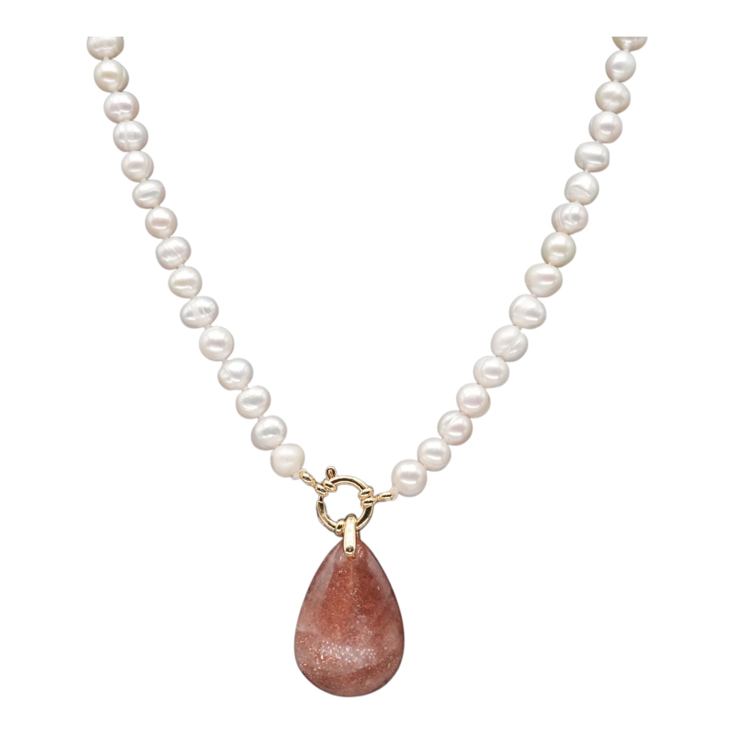 Collier perle d’eau douce 7-8 mm bouée en acier doré ou argenté avec pendentif Pierre de soleil