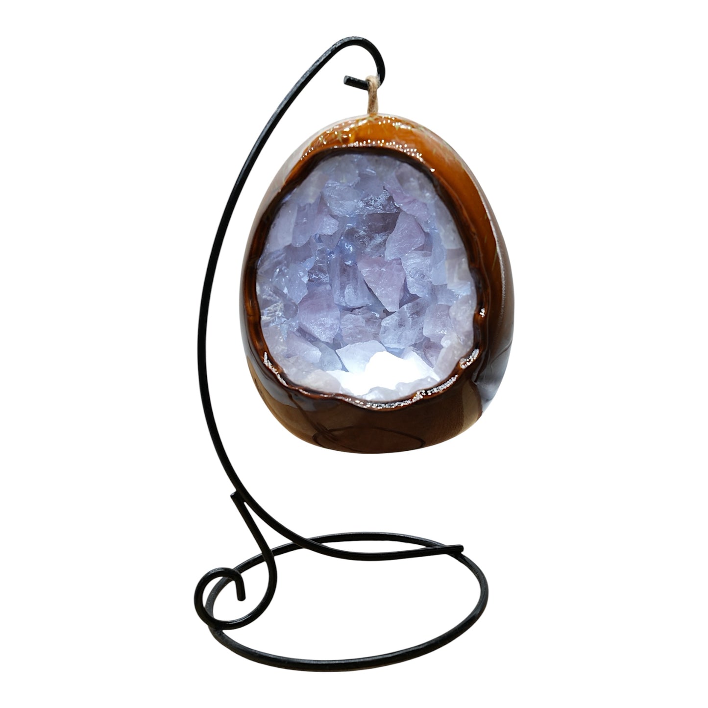 Lampe en oeuf en quartz rose & en céramique avec support noir inclus.