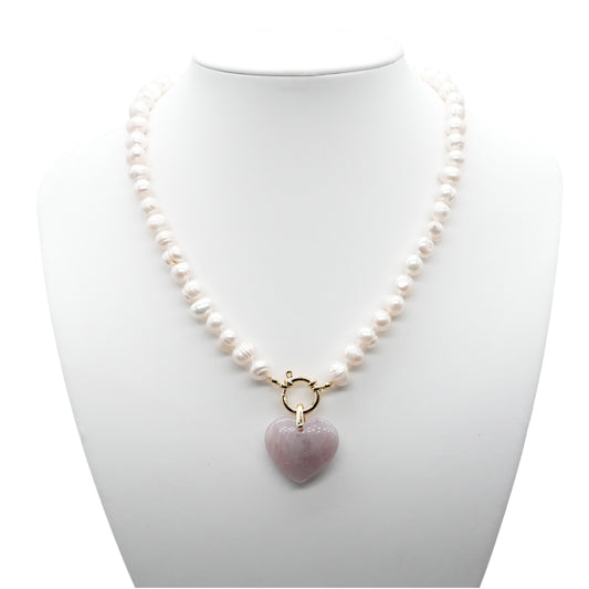 Collier perle d’eau douce 7-8 mm bouée en acier doré ou argenté avec pendentif cœur Quartz rose de Madagascar