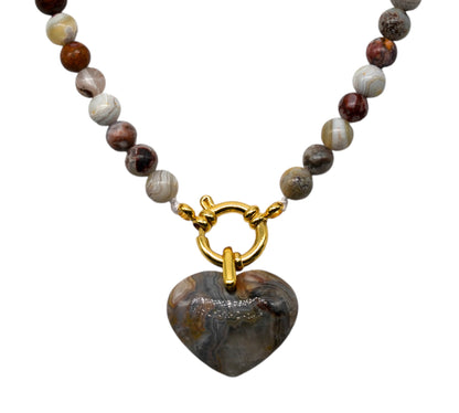 Collier boule en Agate crazy attache bouée en acier avec pendentif coeur 6mm