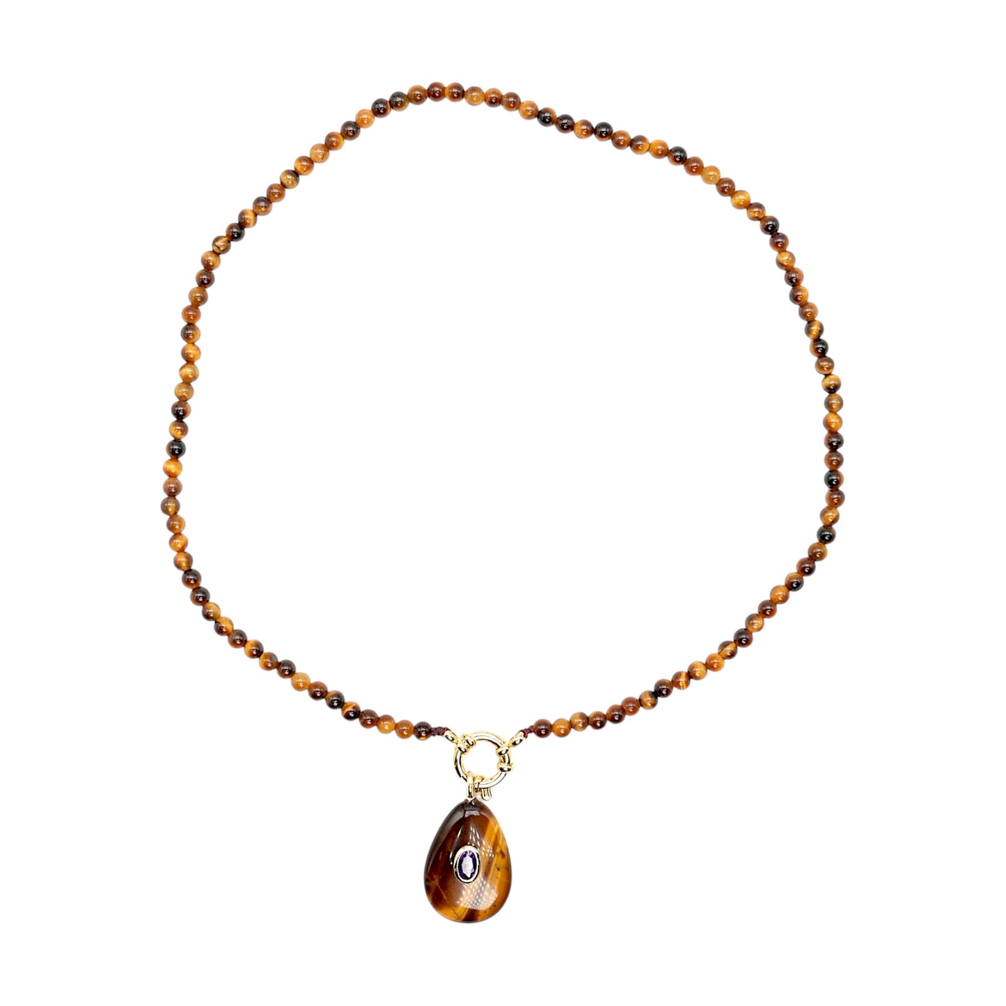 Collier/Pendentif en Œil de Tigre avec pierre Zircon couleur aléatoire (9 formes disponible)