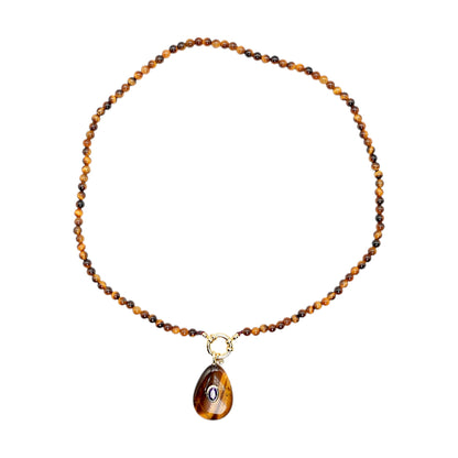 Collier/Pendentif en Œil de Tigre avec pierre Zircon couleur aléatoire (9 formes disponible)