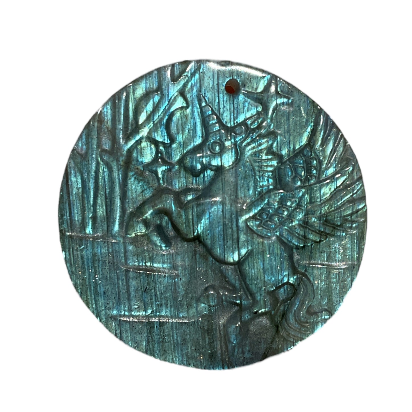 Pendentif plat Labradorite licorne dans une forêt percé devant