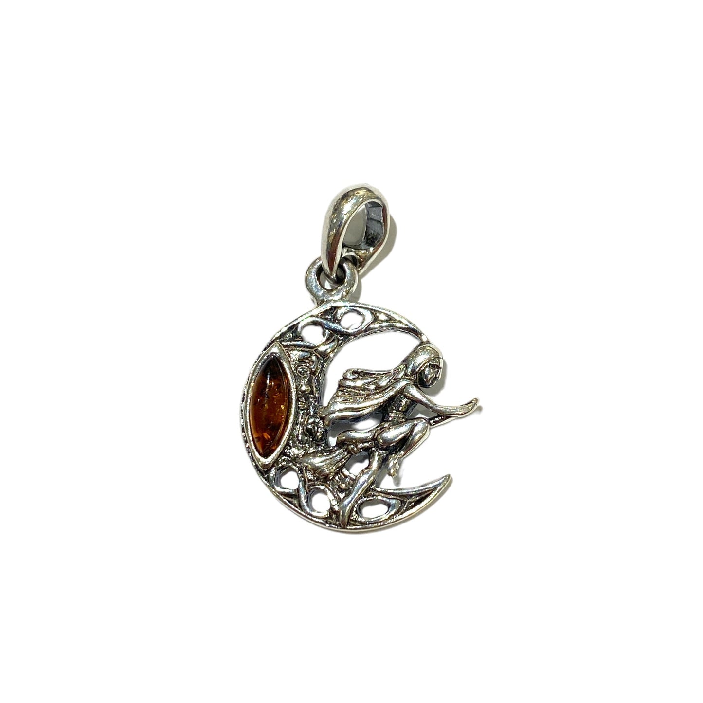 Pendentif ambre & argent forme lune & balai