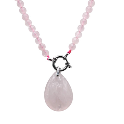 Collier boule en Quartz rose attache bouée en acier argenté avec pendentif