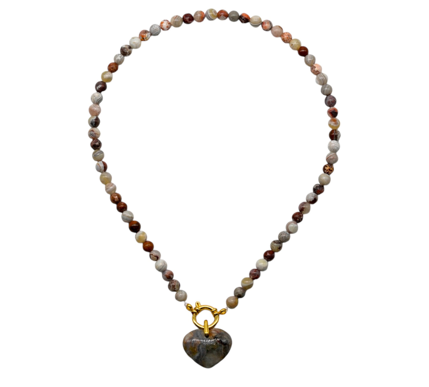 Collier boule en Agate crazy attache bouée en acier avec pendentif coeur 6mm