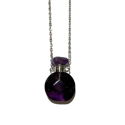 Collier fiole en amethyste forme ronde pour huile essentiel/parfum