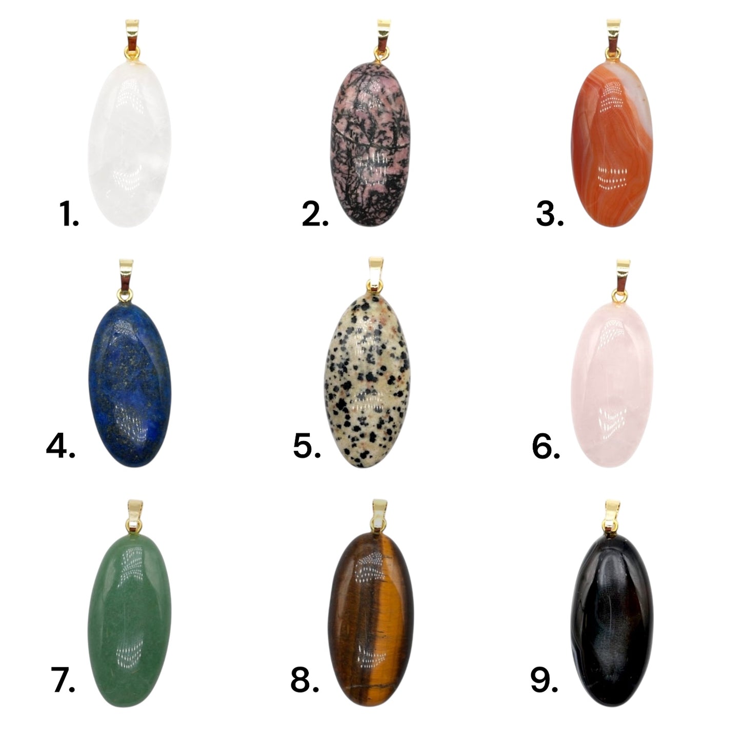 Pendentif ovale 20x40 mm (12 pierres disponible) (bélière doré ou argenté incluse)