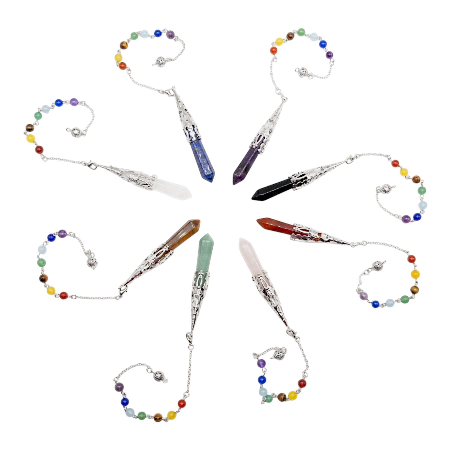 Pendule longue pointe (chaine en 7 chakras) (8 pierres disponible)
