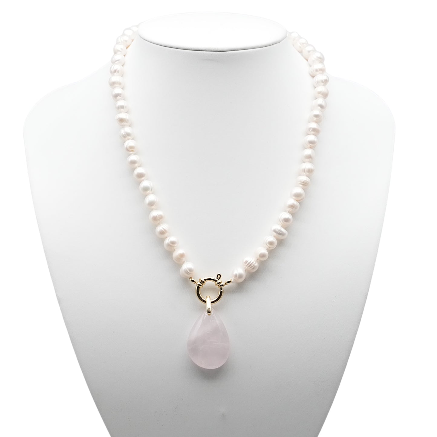 Collier perle d’eau douce 7-8 mm bouée en acier doré ou argenté avec pendentif Quartz rose