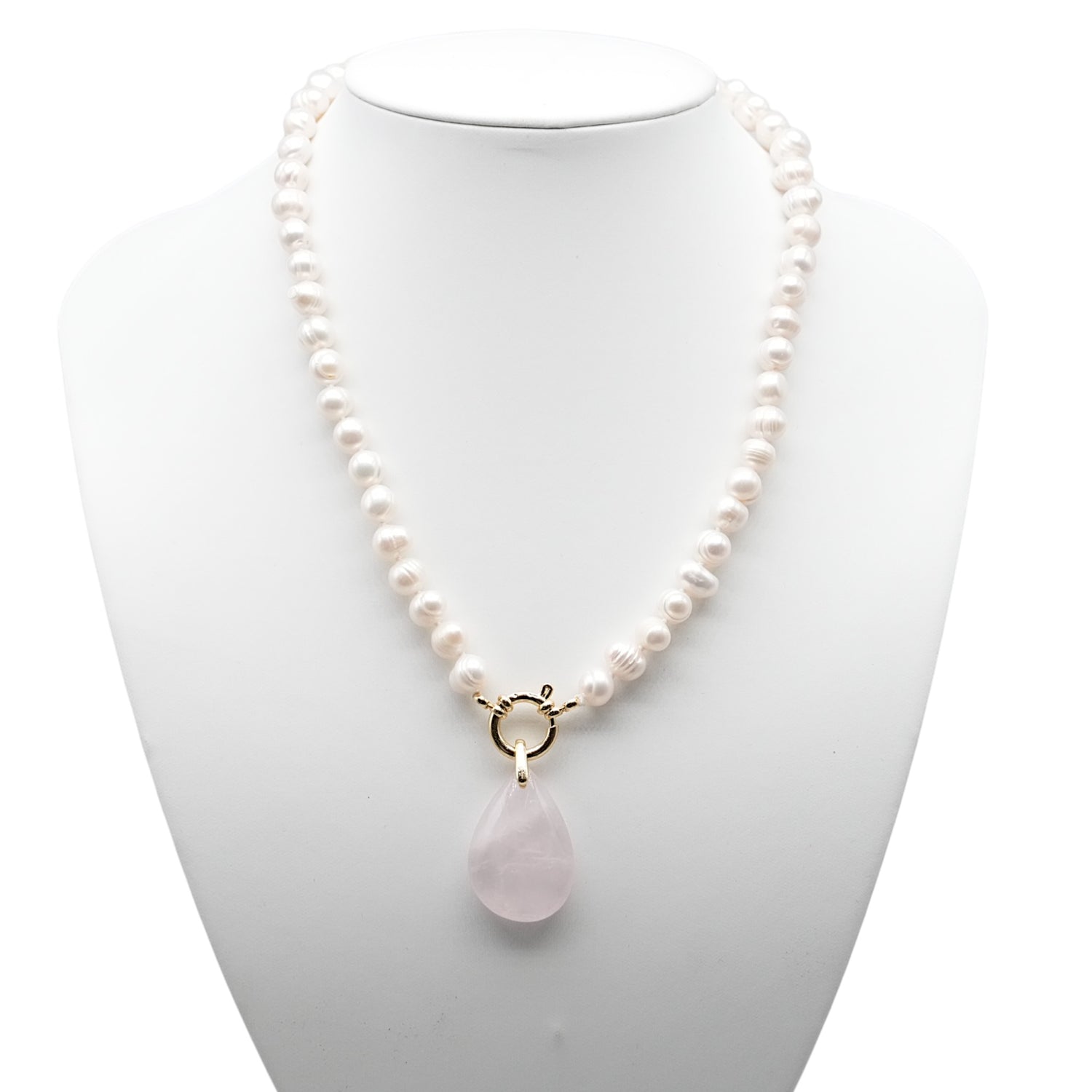 Collier perle d’eau douce 7-8 mm bouée en acier doré ou argenté avec pendentif Quartz rose - Foliesbijoux
