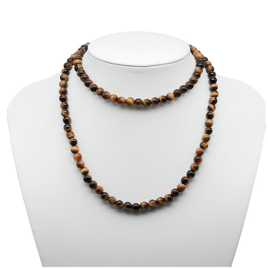 Collier sautoir 75 cm Oeil de tigre 6 mm avec fermoir en acier inoxydable argenté