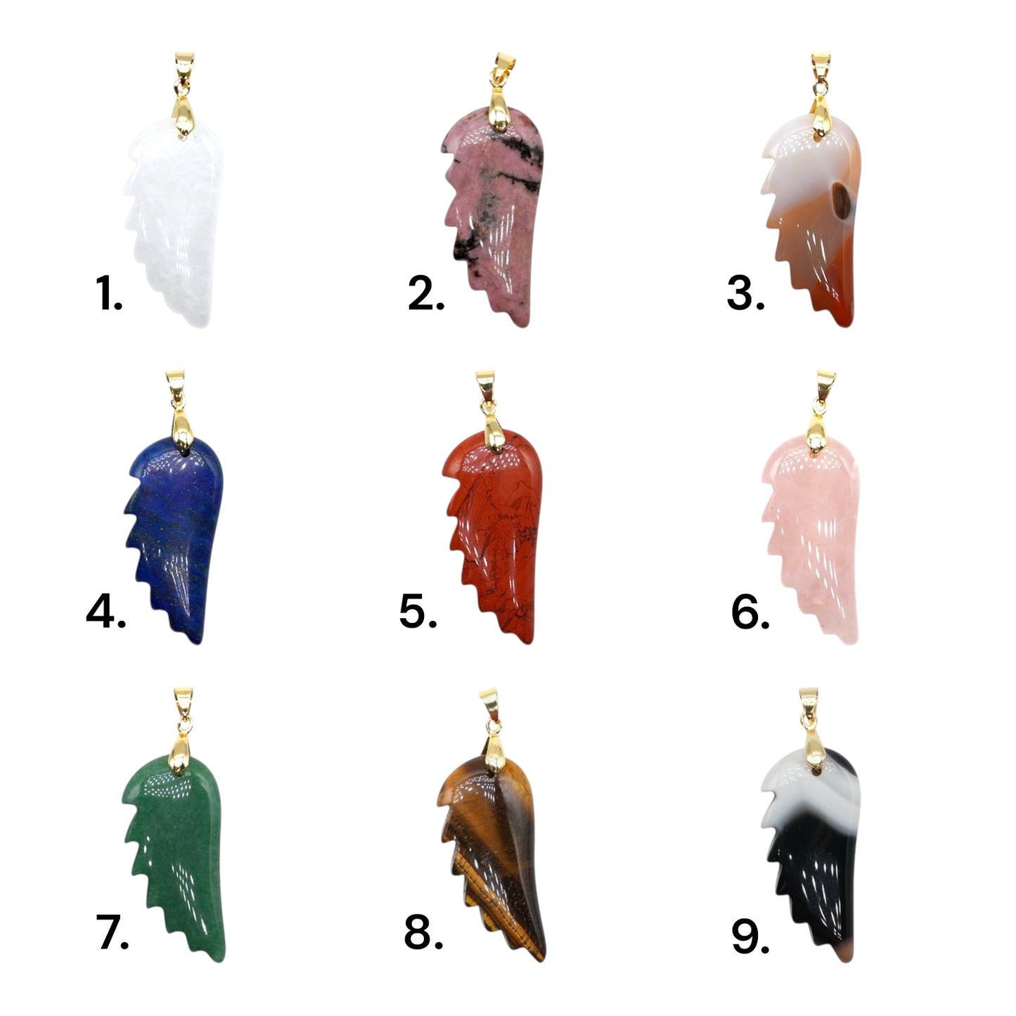 Pendentif aile d’ange 20x43x8 mm (12 pierres disponible) (bélière doré ou argenté incluse)