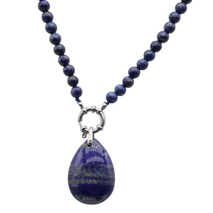 Collier boule en Lapis A attache bouée en acier argenté avec pendentif