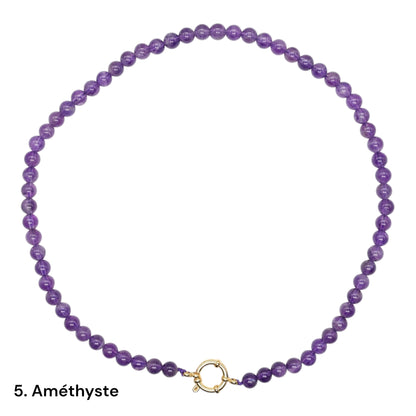 Collier 43 cm 6 mm avec fermoir bouée en acier inoxydable dorée ou argenté (20 pierres disponibles)