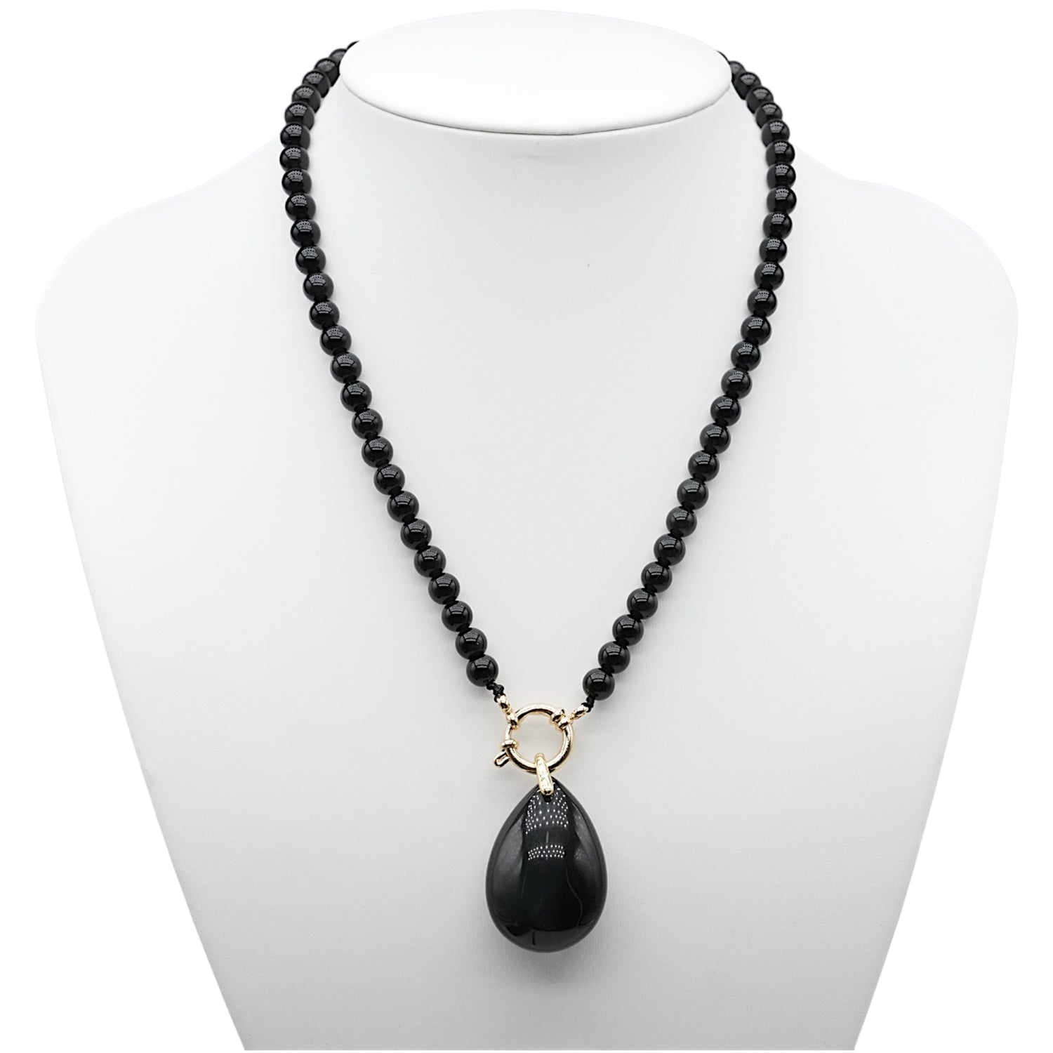 Collier boule en Obsidienne céleste attache bouée en acier doré ou argenté avec pendentif - Foliesbijoux