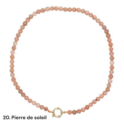 Collier 43 cm 6 mm avec fermoir bouée en acier inoxydable dorée ou argenté (20 pierres disponibles)