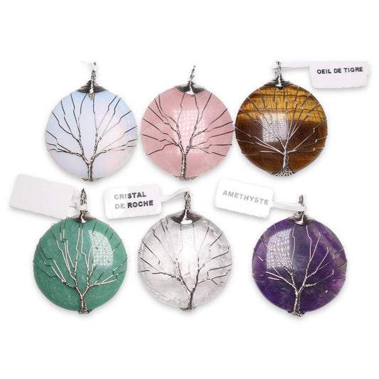 Pendentif en arbre de vie forme ronde argenté