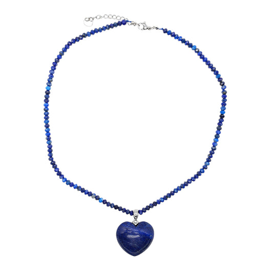 Collier facetté avec pendentif Lapis forme cœur acier inoxydable argenté