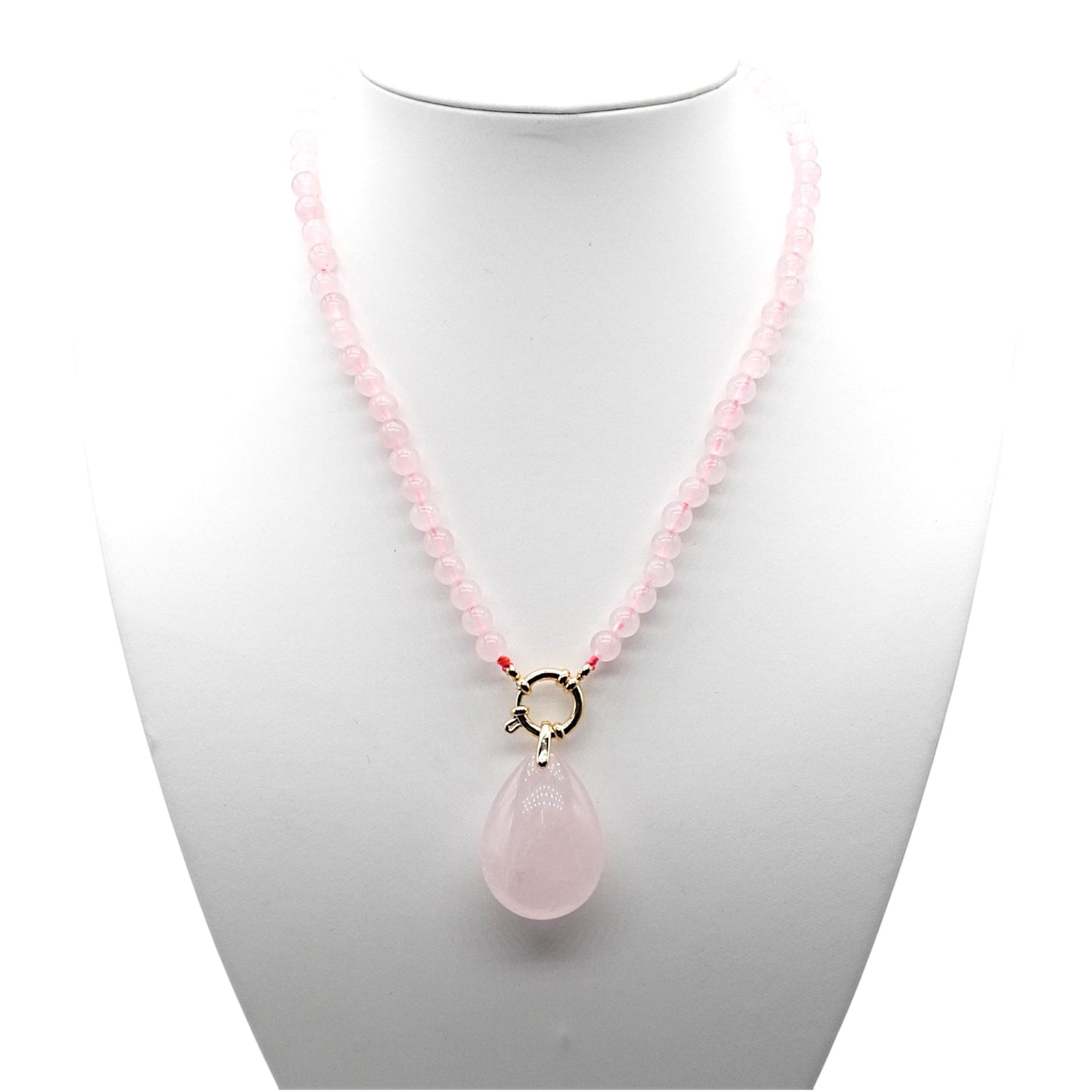 Collier boule en Quartz rose attache bouée en acier doré avec pendentif