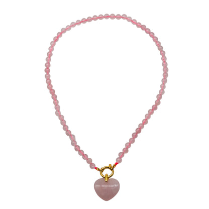 Collier en Quartz rose attache bouée en acier doré avec pendentif coeur