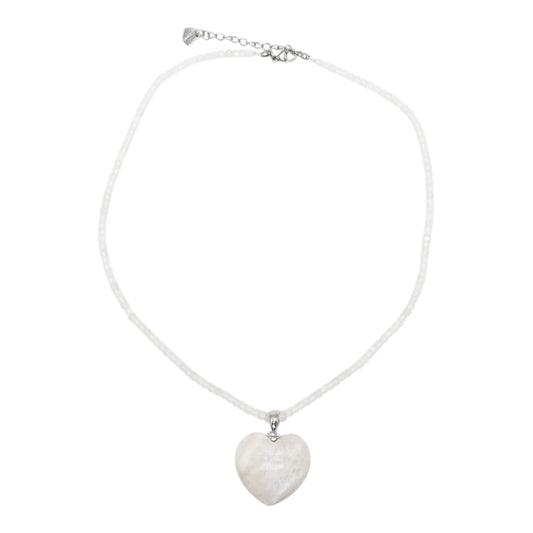 Collier facetté avec pendentif pierre de lune forme cœur acier inoxydable argenté