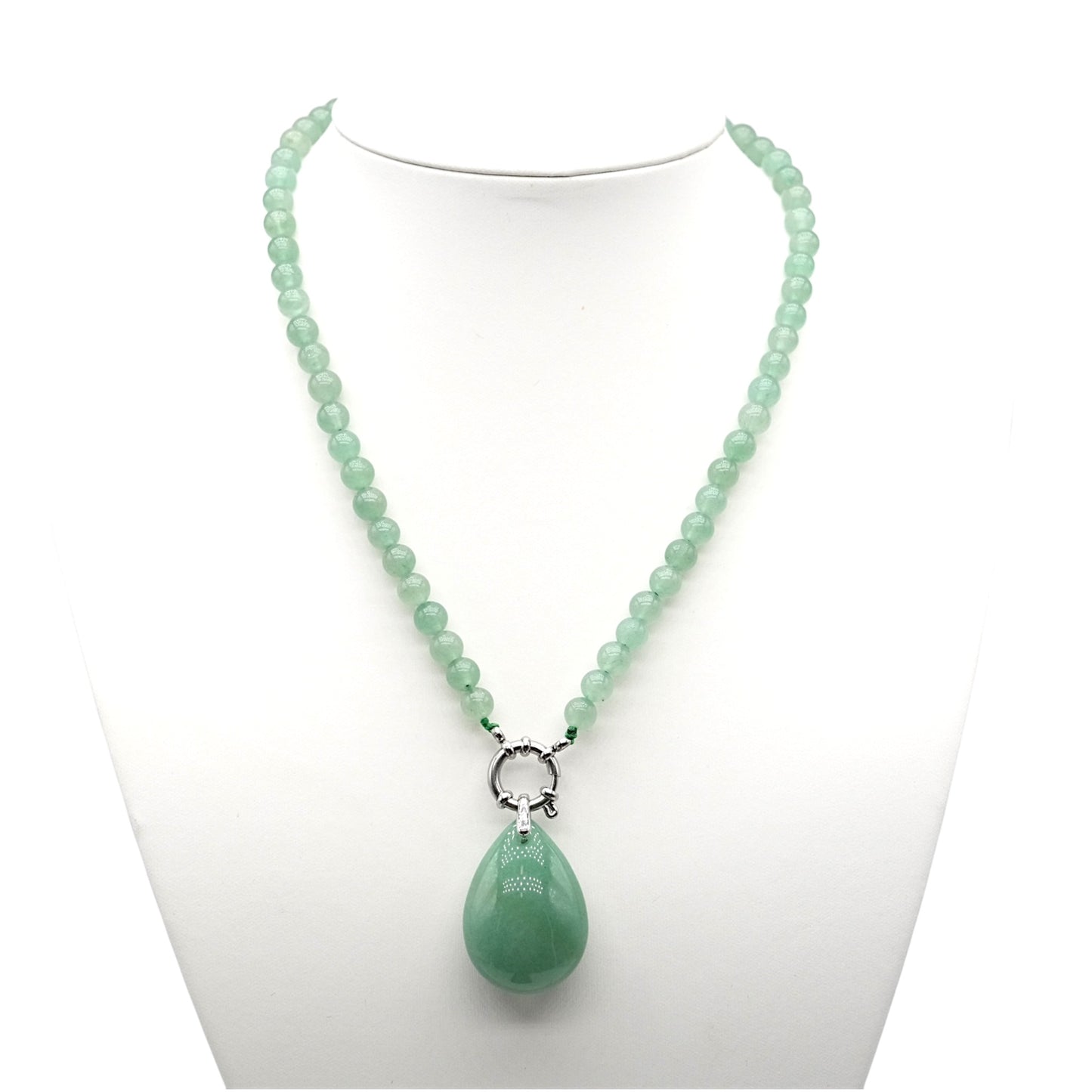 Collier boule en Aventurine verte attache bouée en acier argenté avec pendentif