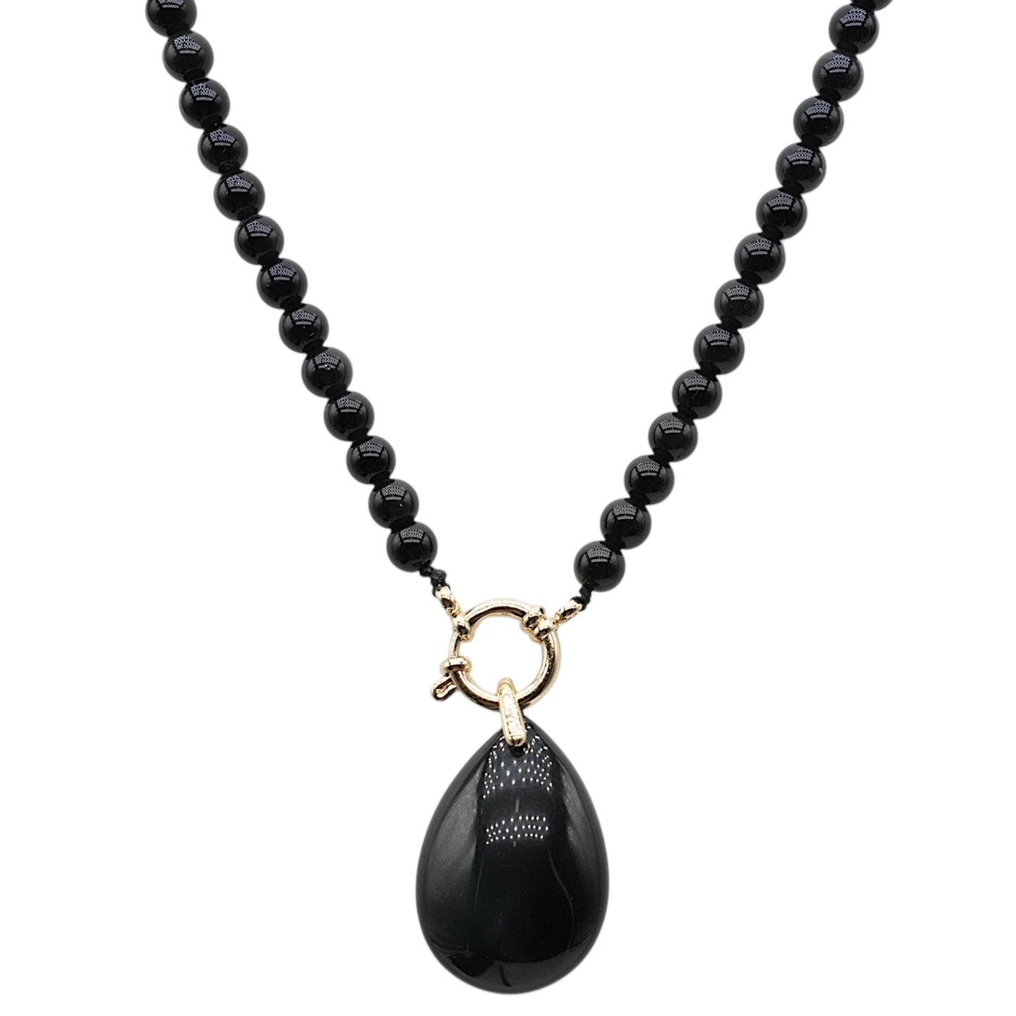 Collier boule en Obsidienne céleste attache bouée en acier doré avec pendentif