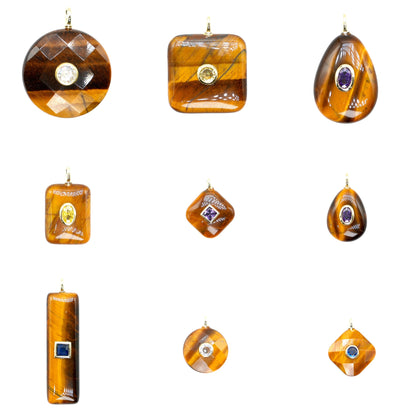 Collier/Pendentif en Œil de Tigre avec pierre Zircon couleur aléatoire (9 formes disponible)