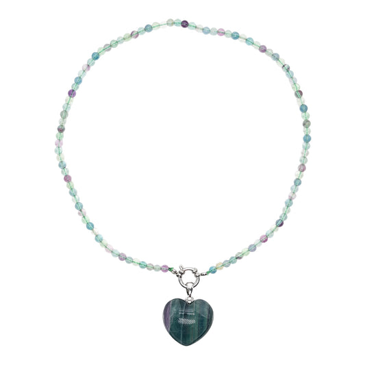 Collier avec pendentif Fluorine multicolore forme cœur acier inoxydable argenté