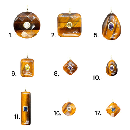 Collier/Pendentif en Œil de Tigre avec pierre Zircon couleur aléatoire (9 formes disponible)