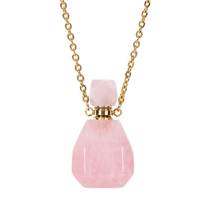 Collier fiole en quartz rose pour huile essentiel/parfum