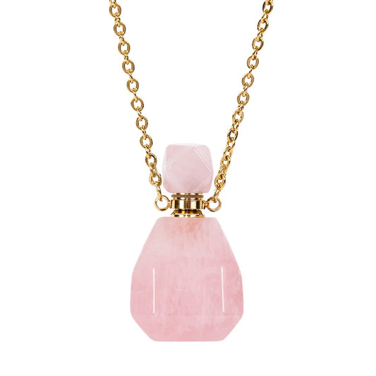 Collier fiole en quartz rose pour huile essentiel/parfum