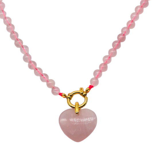 Collier en Quartz rose attache bouée en acier doré avec pendentif coeur