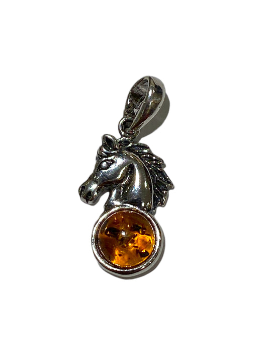 Pendentif ambre & argent forme cheval