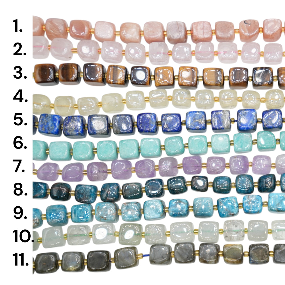 Fil de perles cube au bord arrondie 10 mm (11 pierres disponibles)