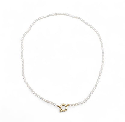 Collier en perles d’eau douce 3.5 mm attache bouée en acier doré numero 6