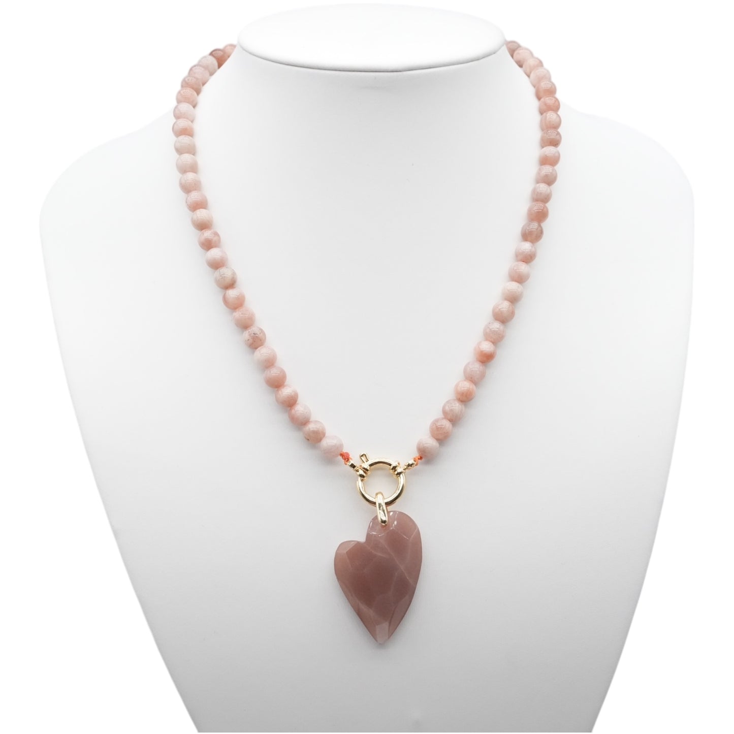 Collier boule 6 mm en Pierre de lune rose attache bouée en acier avec pendentif facetté coeur