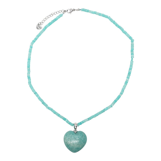 Collier facetté avec pendentif Amazonite forme cœur acier inoxydable argenté