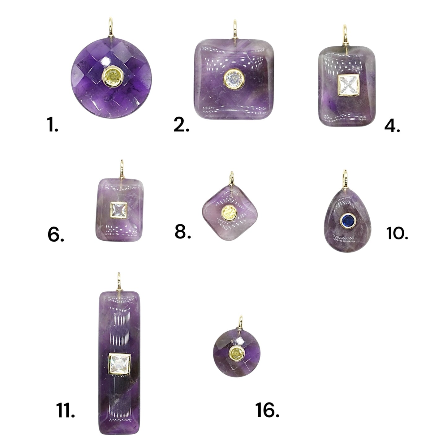 Collier Pendentif en améthyste avec pierre Zircon couleur aléatoire (8 formes disponible)